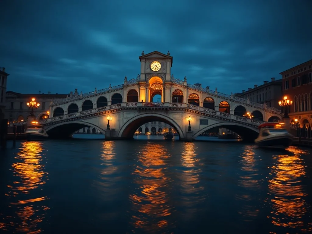 Most Rialto w Wenecji o zmierzchu z malowniczymi odbiciami świateł w wodach Wielkiego Kanału.