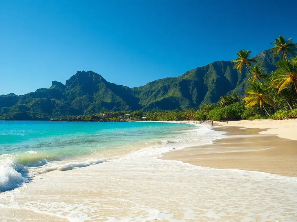 Piaszczysta plaża na Mauritiusie z turkusową wodą i zielonymi górami w tle w słoneczny dzień.