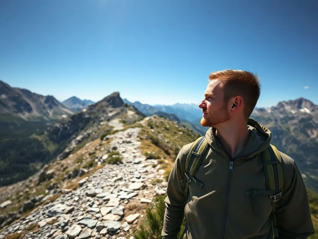 Turysta w sprzęcie trekkingowym stoi na szlaku w Karkonoszach, patrząc na szczyt Śnieżki w słoneczny dzień.