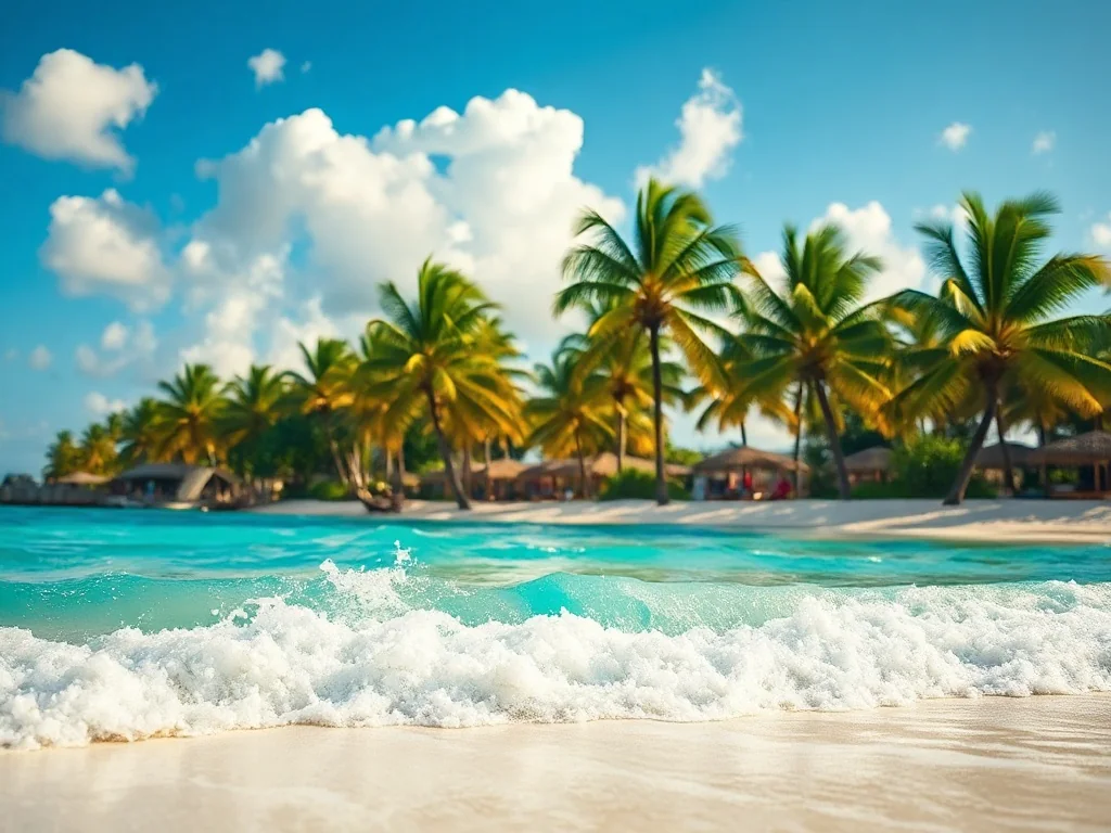 Piaszczysta, tropikalna plaża z turkusową wodą i palmami w pełnym słońcu, zachęcająca do wakacyjnego wypoczynku na Bali.