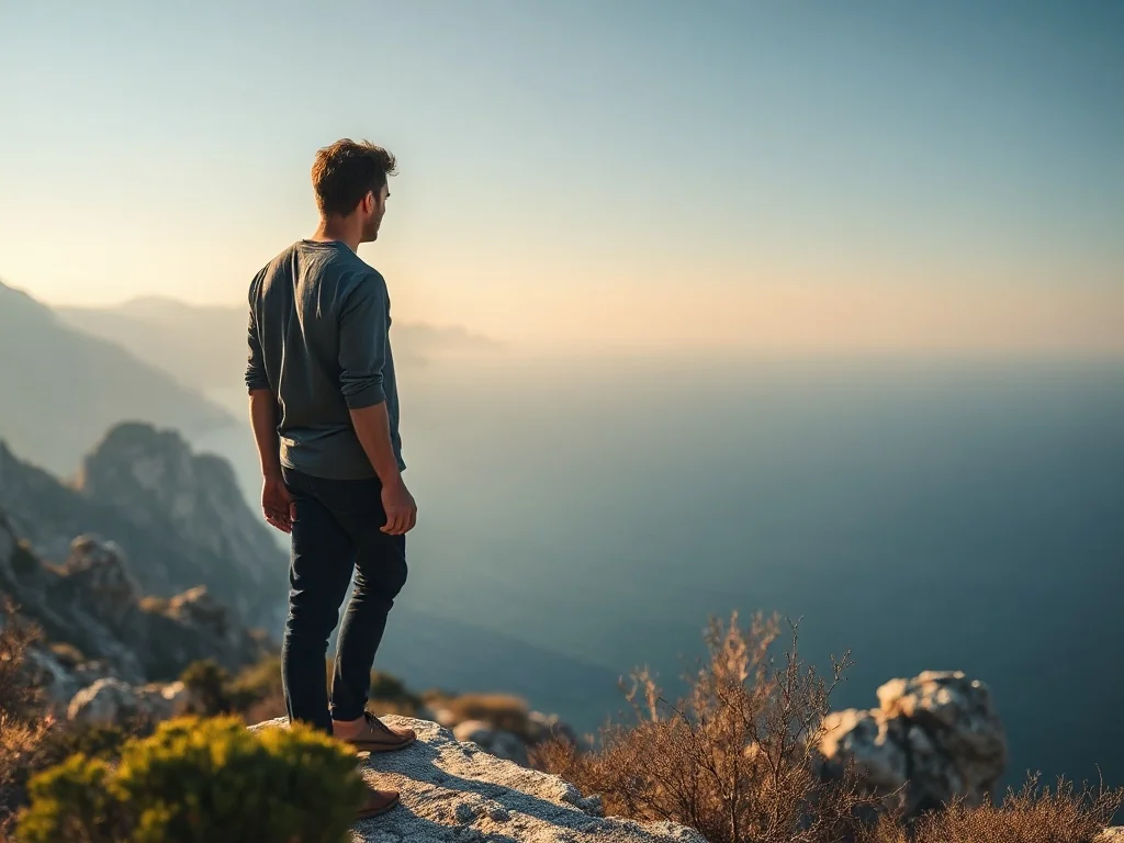 Mężczyzna stojący na klifie w Gibraltarze, podziwiający panoramę wybrzeża Afryki w świetle zachodzącego słońca.