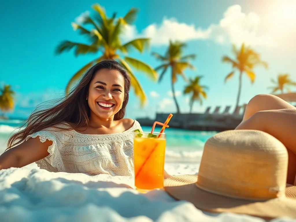 Uśmiechnięta kobieta odpoczywająca na rajskiej plaży z drinkiem i kapeluszem na tle turkusowego oceanu.