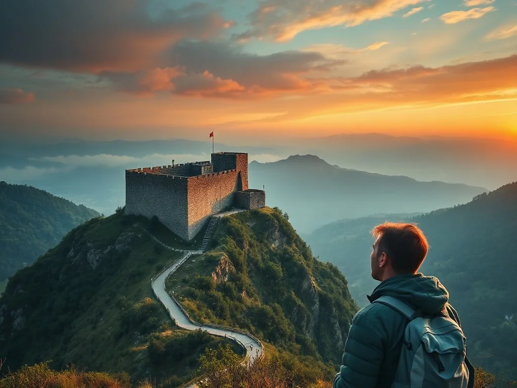 Turysta w stroju trekkingowym podziwia panoramę XVIII-wiecznej Twierdzy Srebrna Góra na tle malowniczych, mglistych gór.