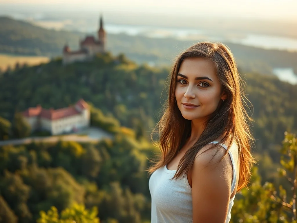 Kobieta podziwiająca malowniczy widok na las i ruiny zamku w promieniach zachodzącego słońca.