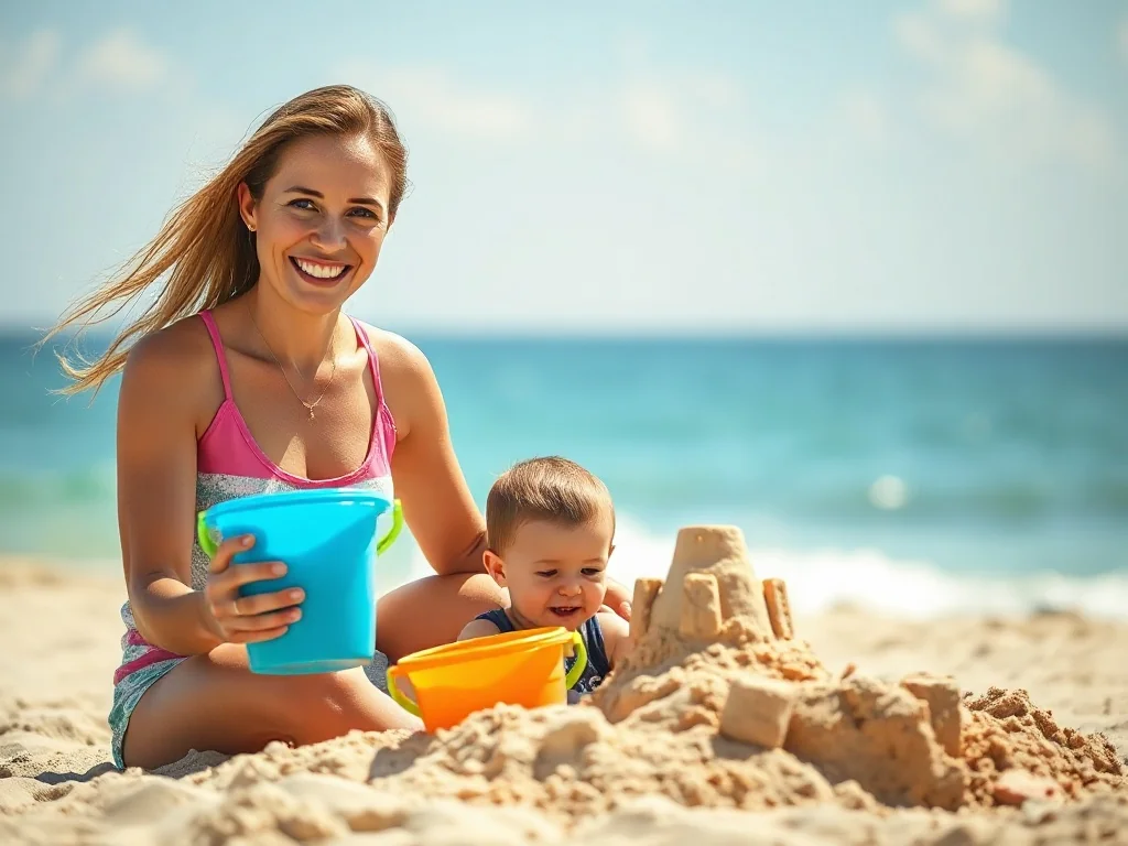 Uśmiechnięta mama z dzieckiem budują zamek z piasku na słonecznej plaży, ciesząc się wspólnym wypoczynkiem nad morzem.