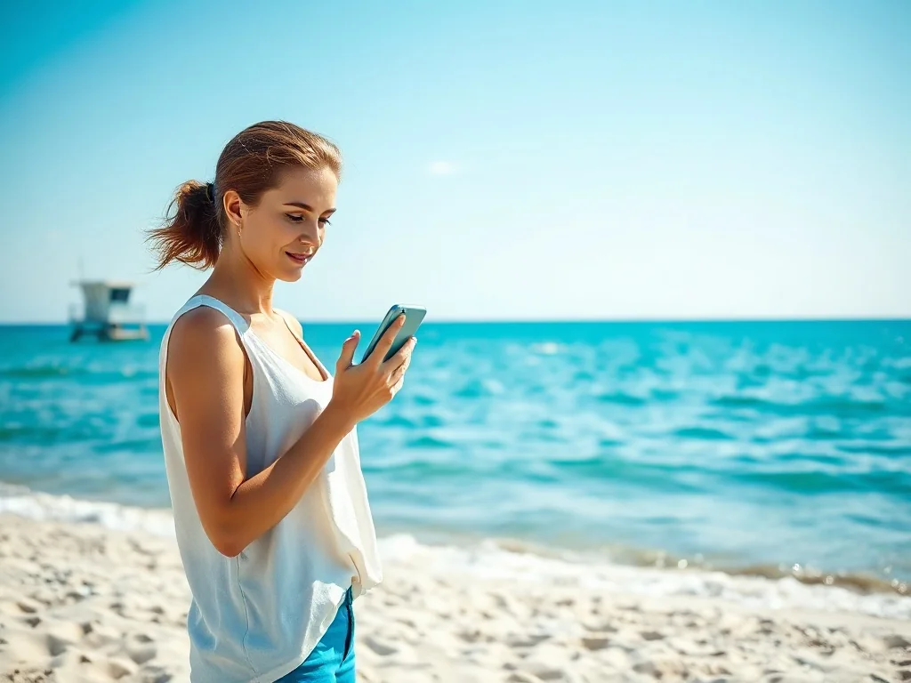 Kobieta na plaży sprawdza w smartfonie aktualny stan kąpieliska nad Bałtykiem.